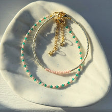 Load image into Gallery viewer, Gold bead bracelet set of 2 - pastel pink and emerald green
