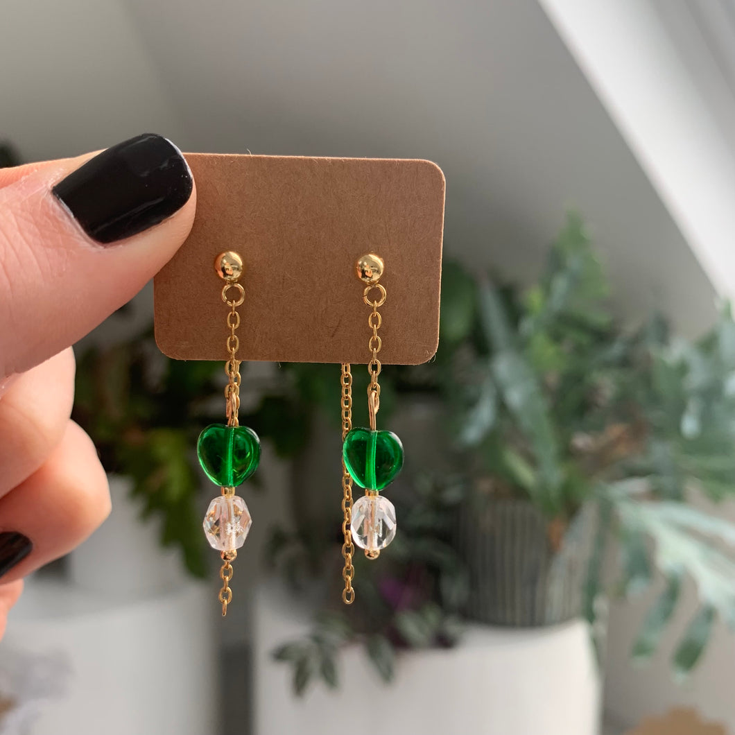 Emerald glass heart dangles