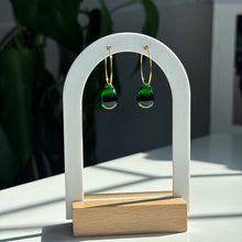 Load image into Gallery viewer, Dark green glass drop hoops
