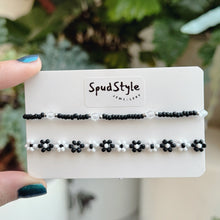 Load image into Gallery viewer, Monochrome flower chain and diamanté bead bracelet (set of 2)
