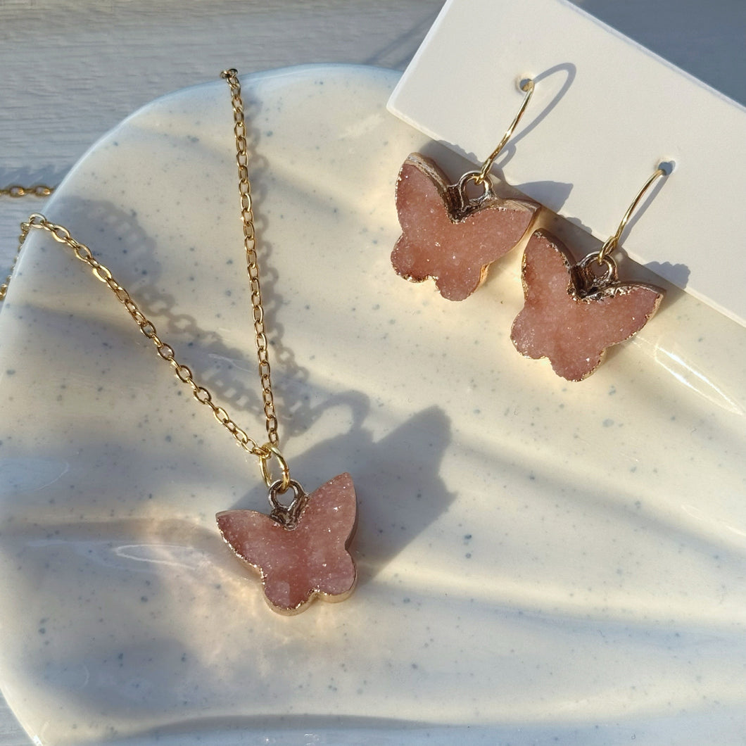 Peach druzy butterfly necklace and earring set